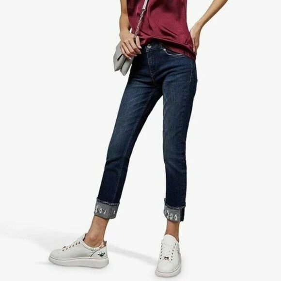 Ted Baker Pralina Daisy Floral Embroidered Raw Hem Ankle Jean Dark Wash 25 - Picture 1 of 11